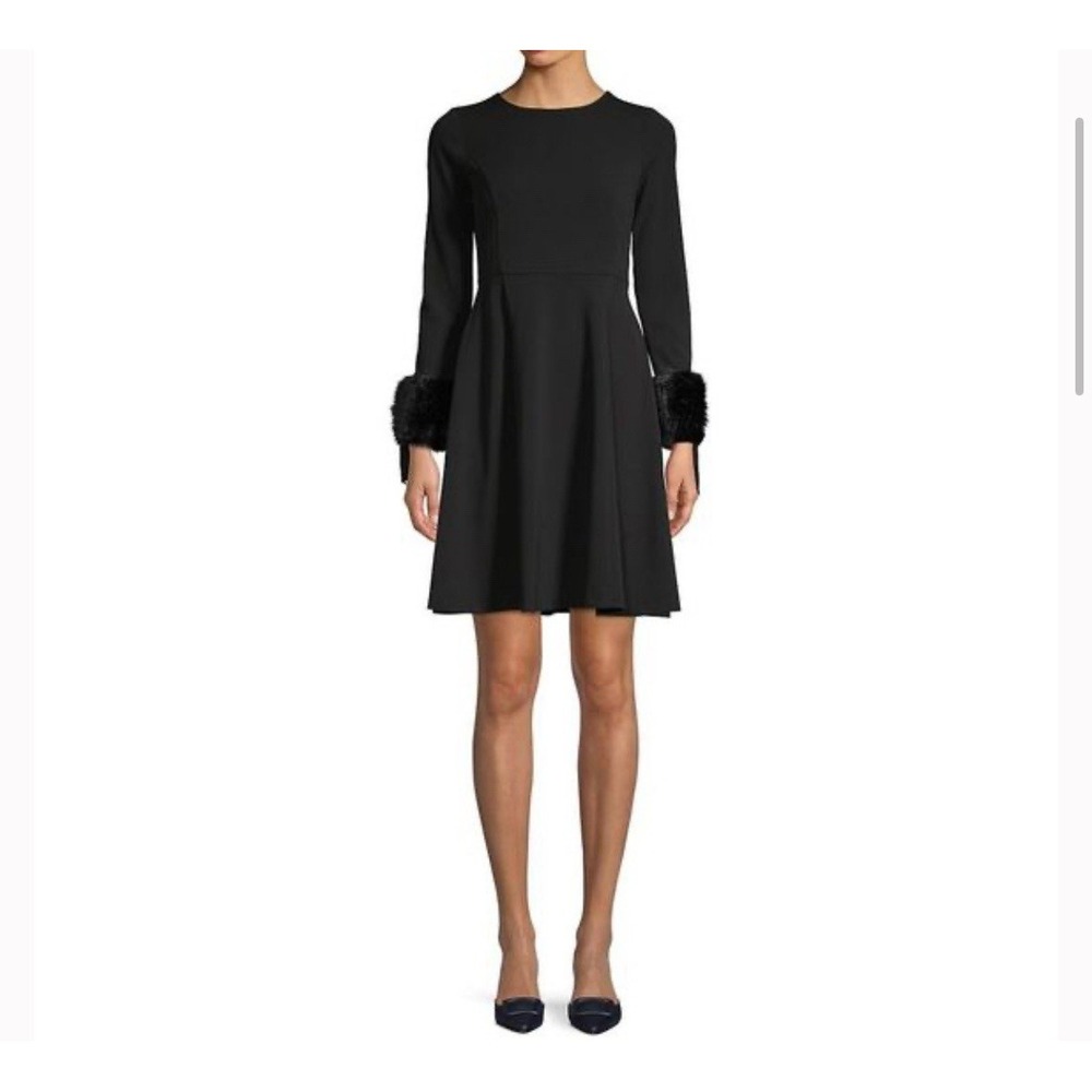 Calvin Klein Size 8 Black Faux Fur Cuff A-Line Long Sleeve Cocktail Dress